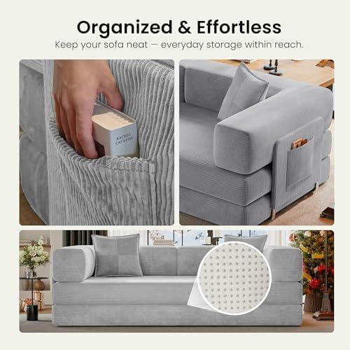 78.8" Convertible Futon Sofa Bed, Couch for Living Room | Corduroy Loveseat Sleeper Sofa, Modular Futon Couch with Storage Pocket, Pull Out Couch No Assembly | Grey