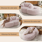 55" W x 75" D Oversized Chaise Lounge Chair Indoor with Ottoman,Pink | 38D Sponge,Round Reading Chair Luxury Plush Cloud Circle Sleeper for Living Room Bedroom, 5 Pillows,Faux Fur