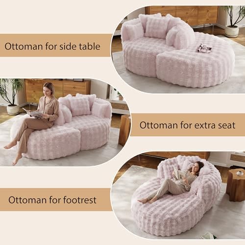 55" W x 75" D Oversized Chaise Lounge Chair Indoor with Ottoman,Pink | 38D Sponge,Round Reading Chair Luxury Plush Cloud Circle Sleeper for Living Room Bedroom, 5 Pillows,Faux Fur