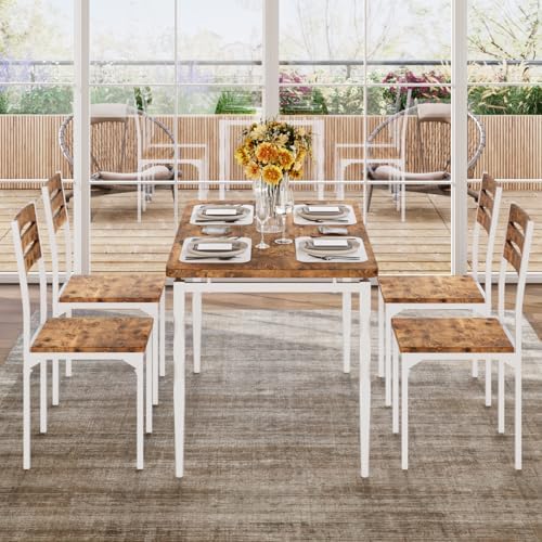 GarveeHome 5 Piece Dining Table Set, Industrial Style Dining Table and Chairs Set for 4, Kitchen Table Set for Dining Room Kitchen Apartment, White Brown