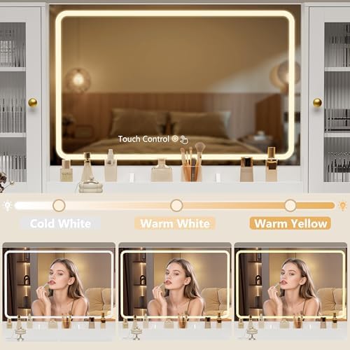 Fluted Makeup Vanity Desk with Mirror and Lights, 55" Glass Top Vanity with 8 Drawers & 4 RGB Glass Cabinets, Adjustable Shelves & Power Outlet, Modern Dressing Table Set for Women Girls Bedroom