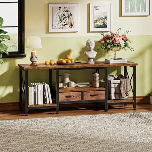 DUMOS 55" TV Stand with Fabric Drawers for 55 60 65 Inches TV | Entertainment Center and Industrial TV Console Table with Open Storage Shelves for Living Room, Bedroom, Rustic Brown