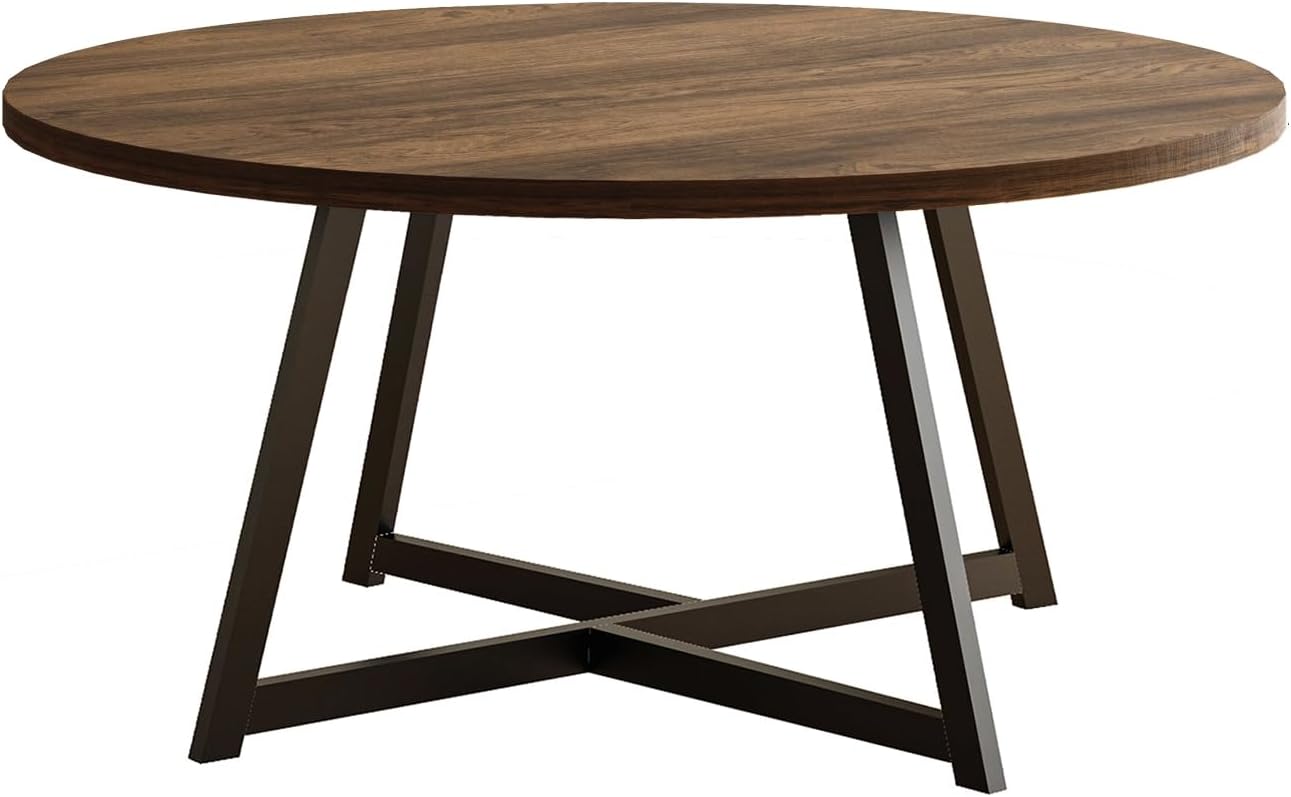 59" Round Dining Table for 6-8, Modern Kitchen Table with Steel Base, Dining Room Tables for Kitchen, Dark Brown
