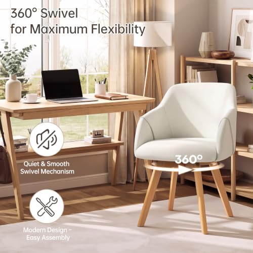 Swivel Dining Chairs Set of 6 with Arms and Wood Legs, Beige | Beech Wood Frame, Linen Fabric Upholstered Kitchen Chairs, Mid Century Modern, 18.5" Widen Seat, For Dining Room, Living Room