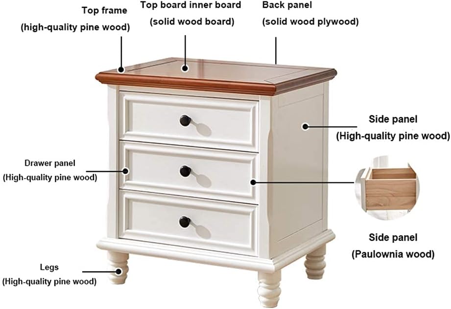 Nightstand Modern Solid Wood Bedside Storage Cabinet with 3 Layers of Drawers And 4 Wooden Feet Bedroom Bedside Table Needed