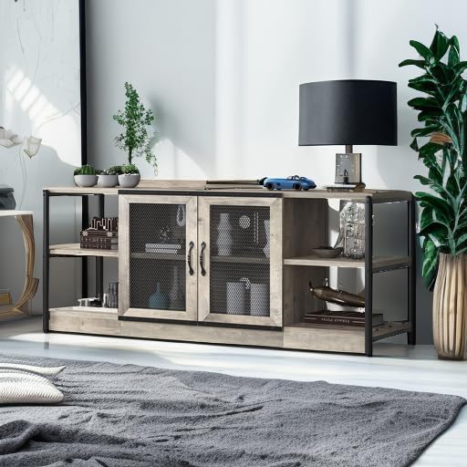 Amyove TV Stand for 65+ Inch TV, Industrial Entertainment Center TV Media Console Table, Farmhouse TV Stand with Storage, Mesh Door and Shelves, Gray TV Console Cabinet Furniture for Living Room