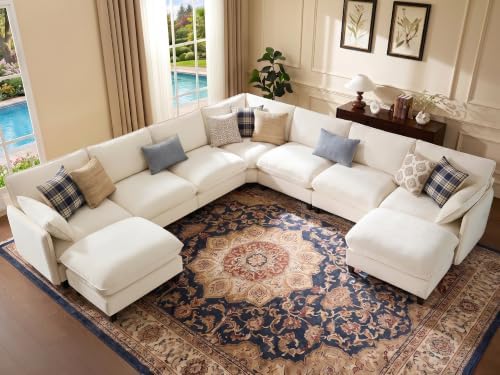 Ihanherry 139" Oversized V-Shaped Modular Sectional Couch, 9-Seater Cloud Sofa with Corner & Movable Ottoman, Large Cushions, Chenille Deep Seat Living Room Furniture Set, Beige