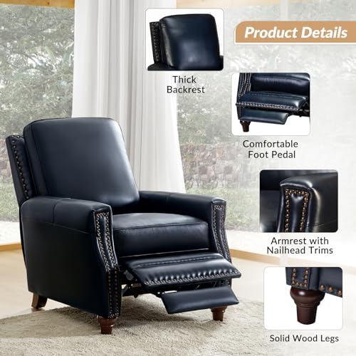 HULALA HOME Genuine Leather Manual Recliners Set of 2 with Wood Legs, Navy | Mid Century Modern Push Back Recliner with Nailhead Trim, Adjustable Backrest & Footrest, for Living Room Home Theater