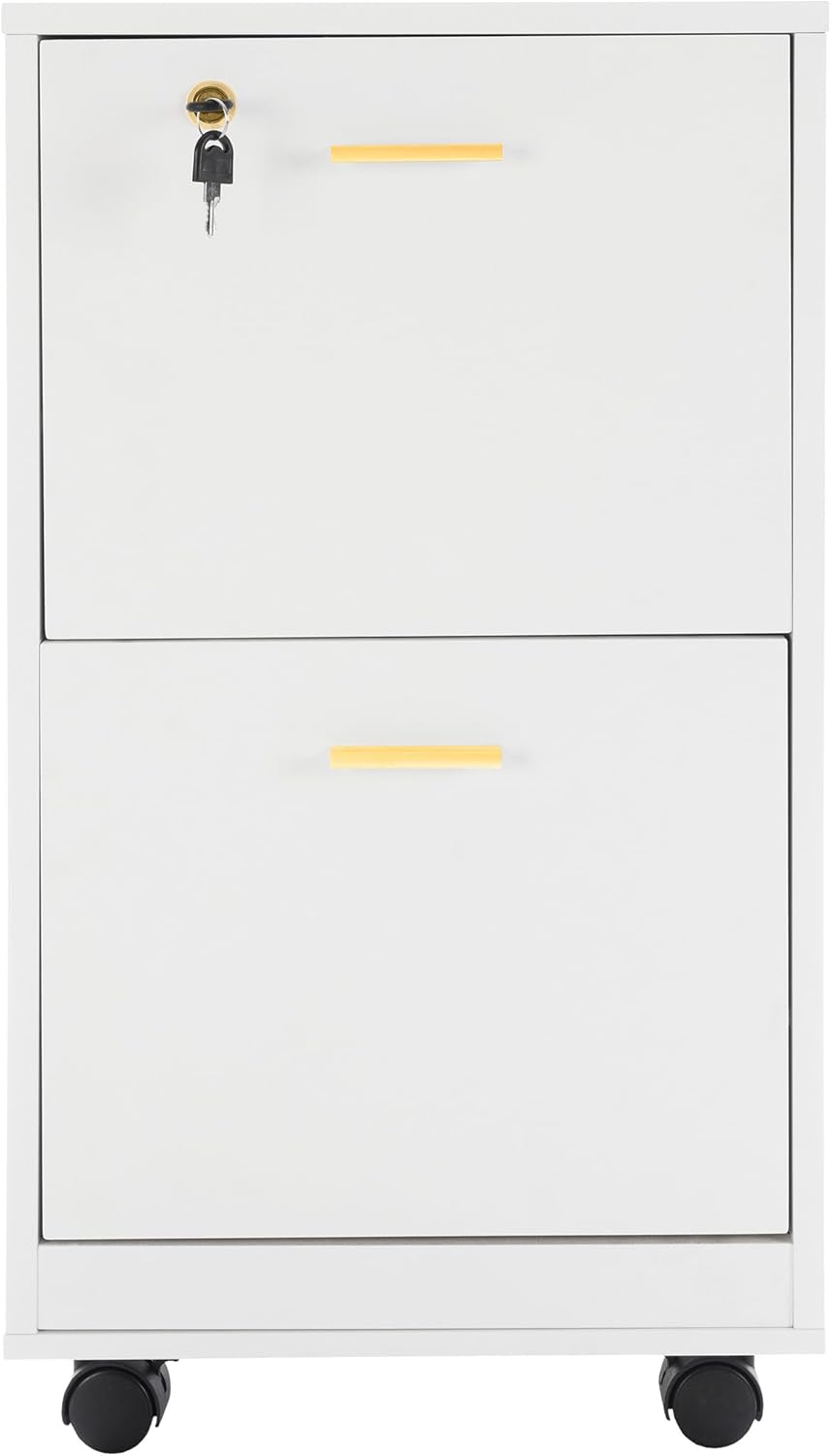 Lavish Home 2 Drawer File Cabinet - Filing Cabinet with Lock - Rolling File Cabinet for Under Desk Storage - Wood Filing Cabinet for Home or Office Organization (White)