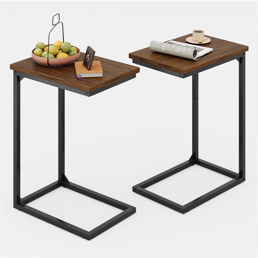 C-Shaped End Table,Small Side Tables for Sofa and Bedside，Sofa Table with Metal Frame for Sofa, Living Room, Bedroom, Office,Brown and Black
