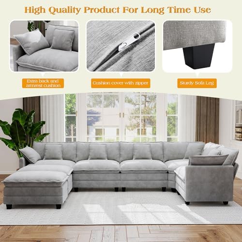 Hanherry Modular Sectional Sofa,Cloud Couch for Living Room,Modern Deep Seat Sofa Chenille Fabric Comfy Couches with Throw Pillows & Movable Ottoman for Apartment