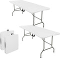Set of 2 Folding Tables with Carrying Handle Lightweight 6FT Rectangular Portable Plastic Camping Table Steel Legs for Indoor Party, Dining, Outdoor Wedding, Events, Picnic (White)