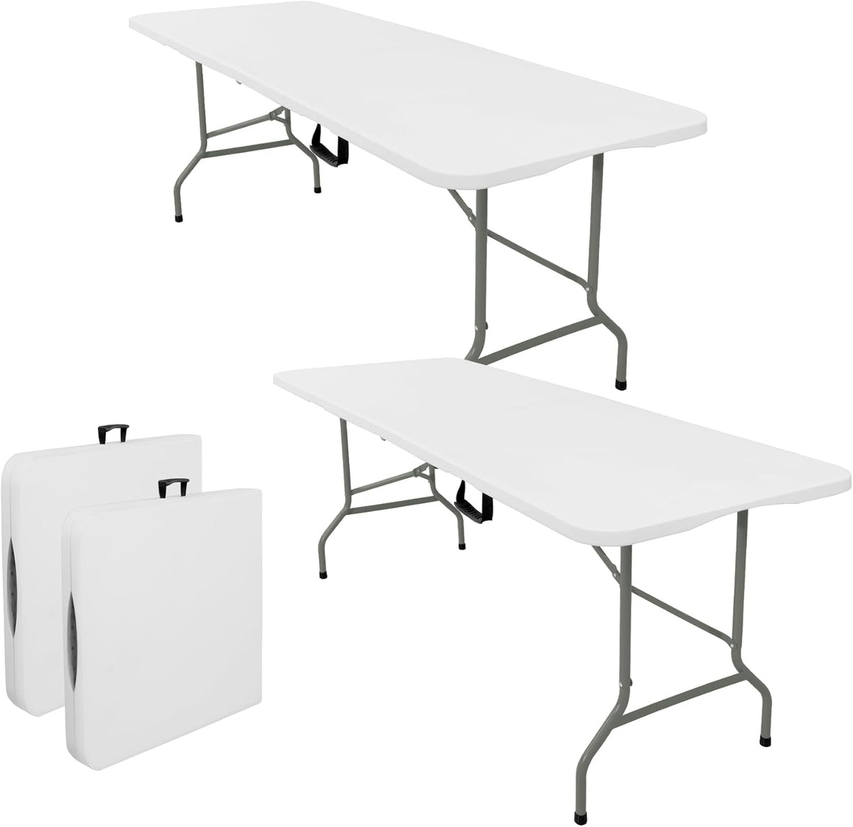 Set of 2 Folding Tables with Carrying Handle Lightweight 6FT Rectangular Portable Plastic Camping Table Steel Legs for Indoor Party, Dining, Outdoor Wedding, Events, Picnic (White)