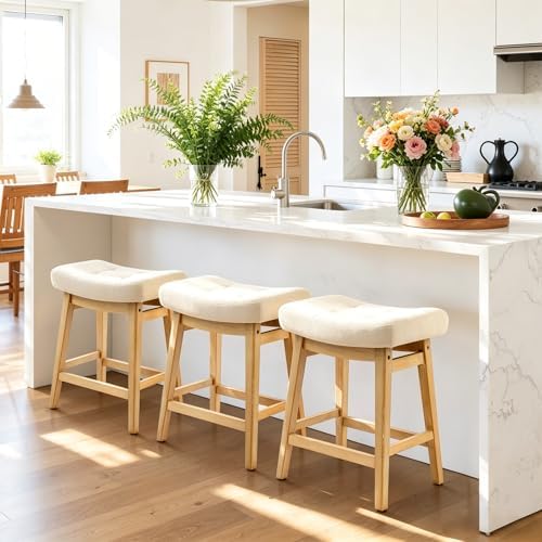 Counter Height Bar Stools Set of 3 for Kitchen Counter, Backless Farmhouse Island Short Barstools No Back with Padded Fabric Saddle Seat & Solid Wood Legs Modern 24 inch Counter Top Bar Chairs, Khaki