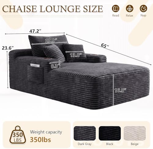 65" Oversized Chaise Lounge Chair Indoor, Chaise Lounge Chair with Cup Holders Side Pockets 3 Pillows, Cloud Corduroy Chaise Sofa Bed Sleeper Couches for Living Room No Assembly Require,Grey