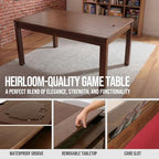 63" Solid Wood Board Game Table for Gaming/Dining, Removable Top | Gaming Table for 4–6 Players with 54" x 30.7" Play Area, Neoprene Play Mat, Leaf Storage Rack, 6 Cup Holders & Trays, Walnut