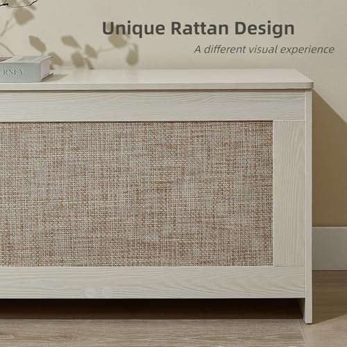 51.2" Storage Chest Large,Wooden Rattan Storage Bench.(White Cream) | Storage trunk with 2 Safety Hinges, 51.2x15.7x18.3 Inch, Easy Assembly, Storage bench For Bedroom, Living Room, Entryway