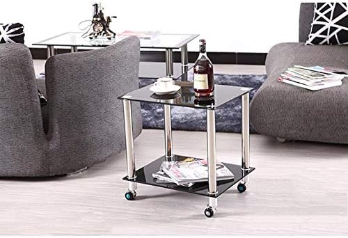 Telephone Table, Sofa Side Table,Square Tempered Glass Small Coffee Table,Telephone Table,Negotiation Table,with Pulley,Fixed Foot,2 Colors(Black-19.48 * 15.55 * 20.86in