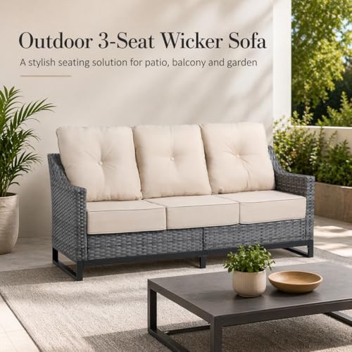 Outdoor Wicker 3-Seat Sofa, All-Weather PE Rattan Patio Couch with Cushions & Metal Frame for Backyard, Porch, Garden, Deck, Beige
