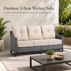 Outdoor Wicker 3-Seat Sofa, All-Weather PE Rattan Patio Couch with Cushions & Metal Frame for Backyard, Porch, Garden, Deck, Beige