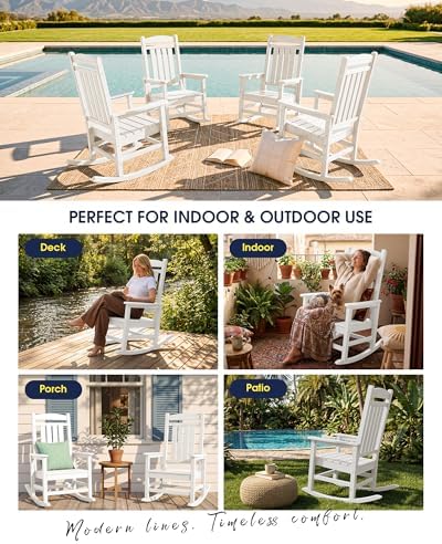 KINGYES Oversized Outdoor Rocking Chairs Set of 2, HDPE Porch Rocker, White | - Rocking Chairs for Outdoor with Wide Seat - 350LBS Support for Adults