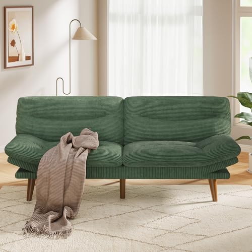 PERLECARE Convertible Futon Sofa Bed, 73" Corduroy Futon Couch with Adjustable Backrest and Armrests, 3-in-1Recliner Sleeper Sofa for Small Spaces, Play Room,Living Room or Office（73in,Green）