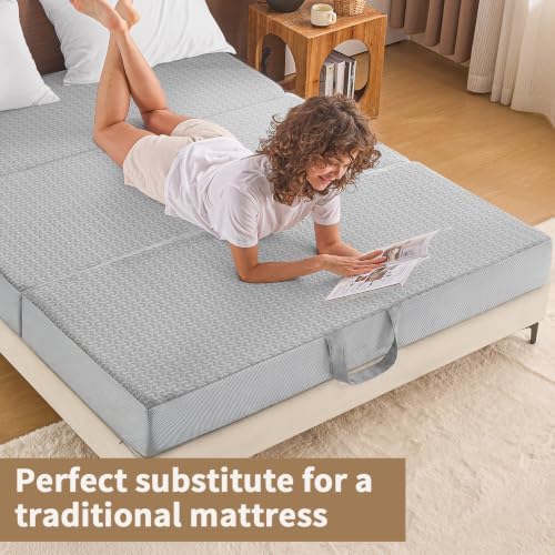 CYMULA Folding Mattress Full Size, 6 inch Memory Foam Tri Portable Murphy Bed and Futon, Full Topper with Breathable & Washable Cover, Foldable Floor Mattress for RV,Guest Beds,Grey,52"×73"×6"