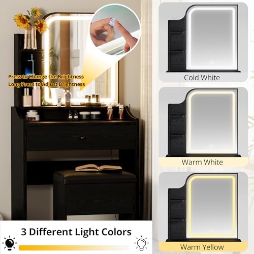 LIKIMIO Small Vanity Desk with Mirror Lights and Storage Stool | Black compact vanity with 3 light modes, charging station, storage drawer, 3 shelves and upholstered stool