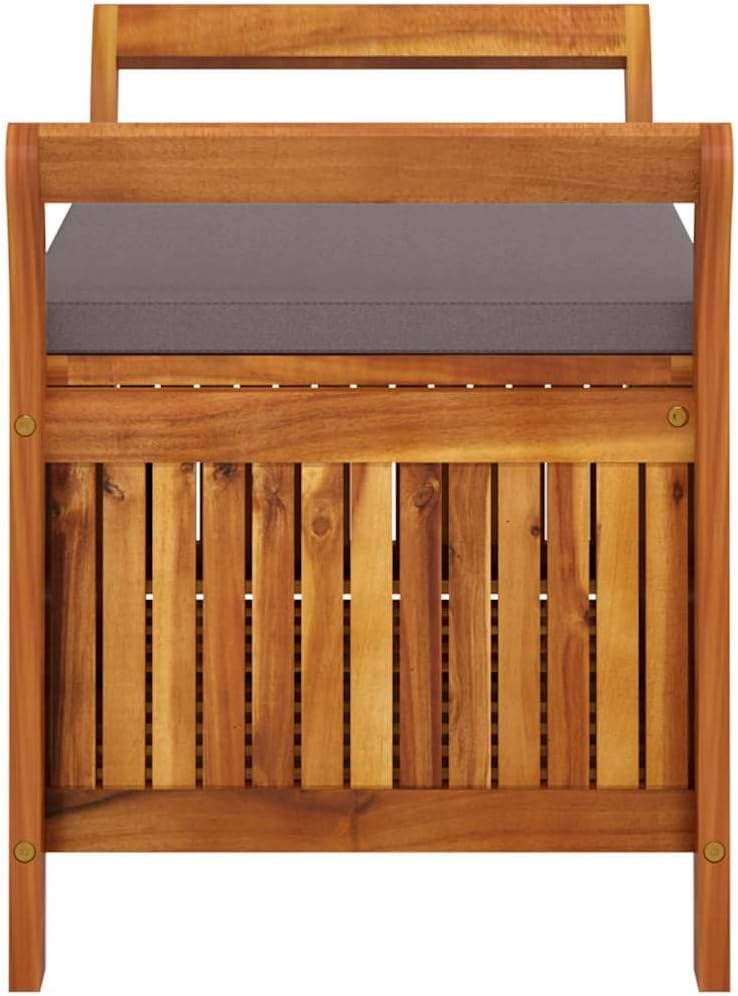 Solid Acacia Wood Patio Storage Bench with Cushion, 35.8 Inch Outdoor Bench for Garden, Curved Arms, Ample Storage for Pillows and Blankets