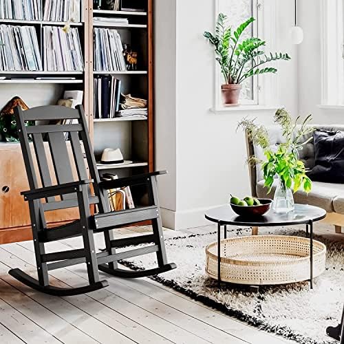 LUE BONA Outdoor Rocking Chairs Set of 2, Weather Resistant Poly Plastic Rocker, 350lb Heavy Duty, Oversized Porch Rocker for Adult, High Back Smooth for Outdoor & Indoor, Black