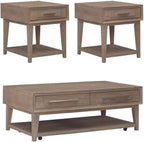Pemberly Row 3-Piece Living Room Table Set, Sandstone Wood Finish, Includes Rectangular Cocktail Table with Casters and 2 End Tables, Open Bottom Shelves, Brushed Nickel Hardware, Contemporary Home