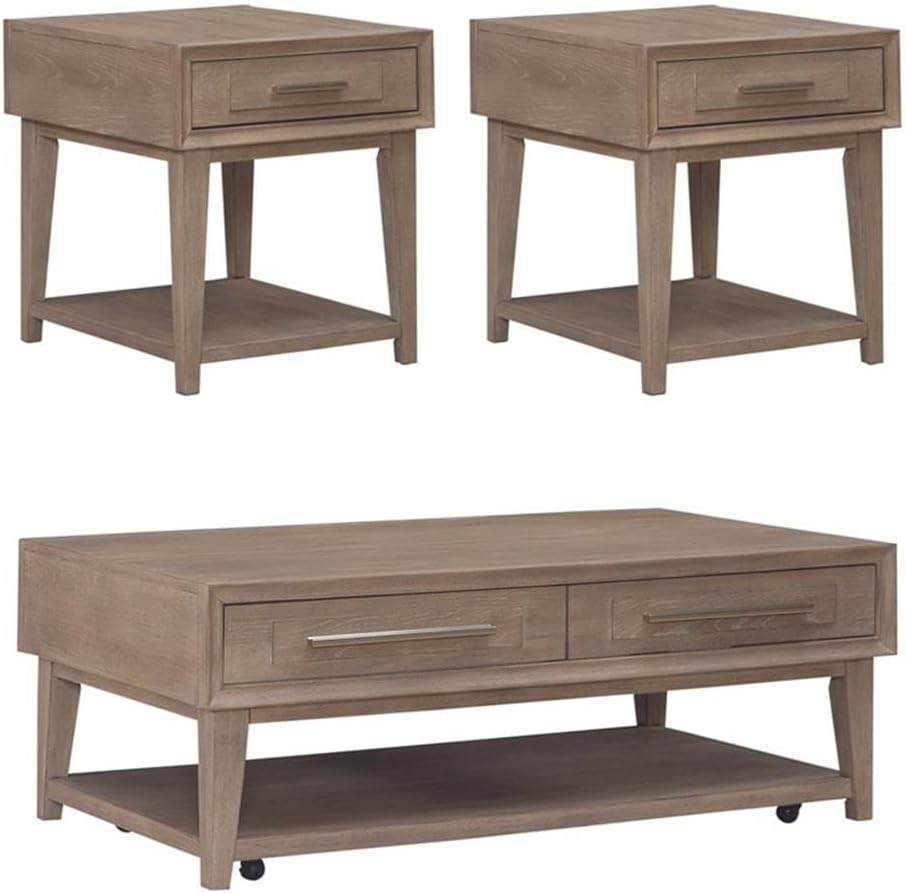 Pemberly Row 3-Piece Living Room Table Set, Sandstone Wood Finish, Includes Rectangular Cocktail Table with Casters and 2 End Tables, Open Bottom Shelves, Brushed Nickel Hardware, Contemporary Home