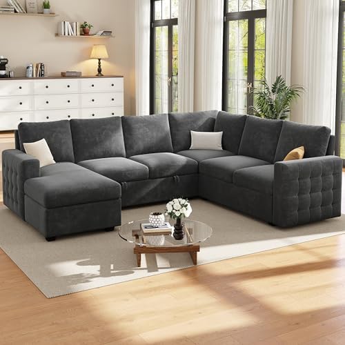 104" Sectional Sleeper Sofa Bed, 7 Seat Pull Out Couch with Storage, Gray | U Shaped Sectional Couches for Living Room, Apartment and Guest Room, Chenille Upholstered Sectional Couch