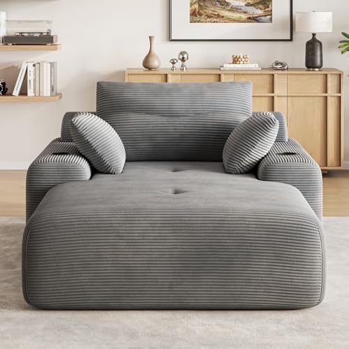 69” Floor Chaise Lounge Chair Indoor, Oversized Chaise Lounge Reading Chairs with 4 Side Pockets and 2 Cup Holders, Comfy Corduroy Sleeper Sofa Bed for Living Room Bedroom Apartment, Grey