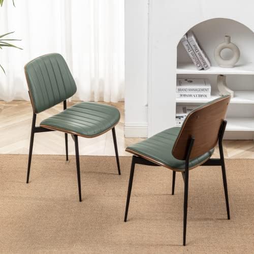 LUNLING Dining Chairs Set of 2 Mid Century Modern Retro Faux Leather Chair with Walnut Bentwood Upholstered Seat Metal Legs Chairs,Adjustable Foot for Kitchen Dining Room Chairs(Green)