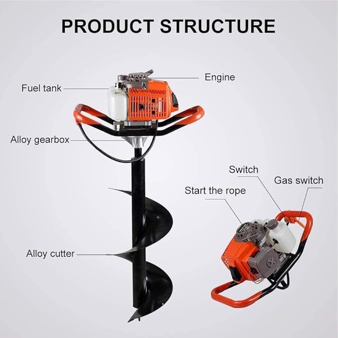62cc Post Hole Digger 2-Stroke Petrol Gas Powered Earth Digger with 3 Extension Rods（8" 12" & 20"） + 4 Auger Drill Bits (4" 6" 8" & 12") for Farm Garden Plant