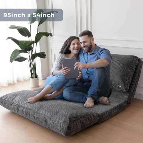 MAXYOYO Folding Sofa Bed, Extra Thick and Long Floor Sofa Convertible Chair with Washable Cover, Floor Couch Lounge Bean Bag Bed for Living Room, Dark Grey, 54x91 Inch | Extra Thick with Washable Cover, Chaise Lounge, Bean Bag Couch Bed for Bedroom