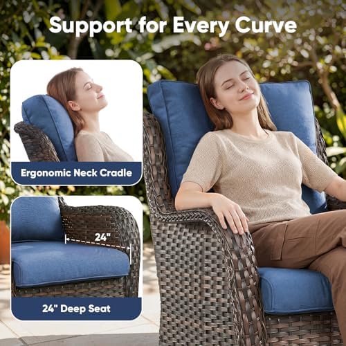 Belord Patio Wicker Chairs Swivel Rocker,Outdoor Patio Furniture Set with Rattan Side Table, All Weather Conversation Set for Porch Poolside Balcony, Brown Wicker/Blue