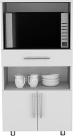 Kitchen Pantry 48" H, Two Open Storage Shelves, One for Microwave, Two Doors, Four Legs, White
