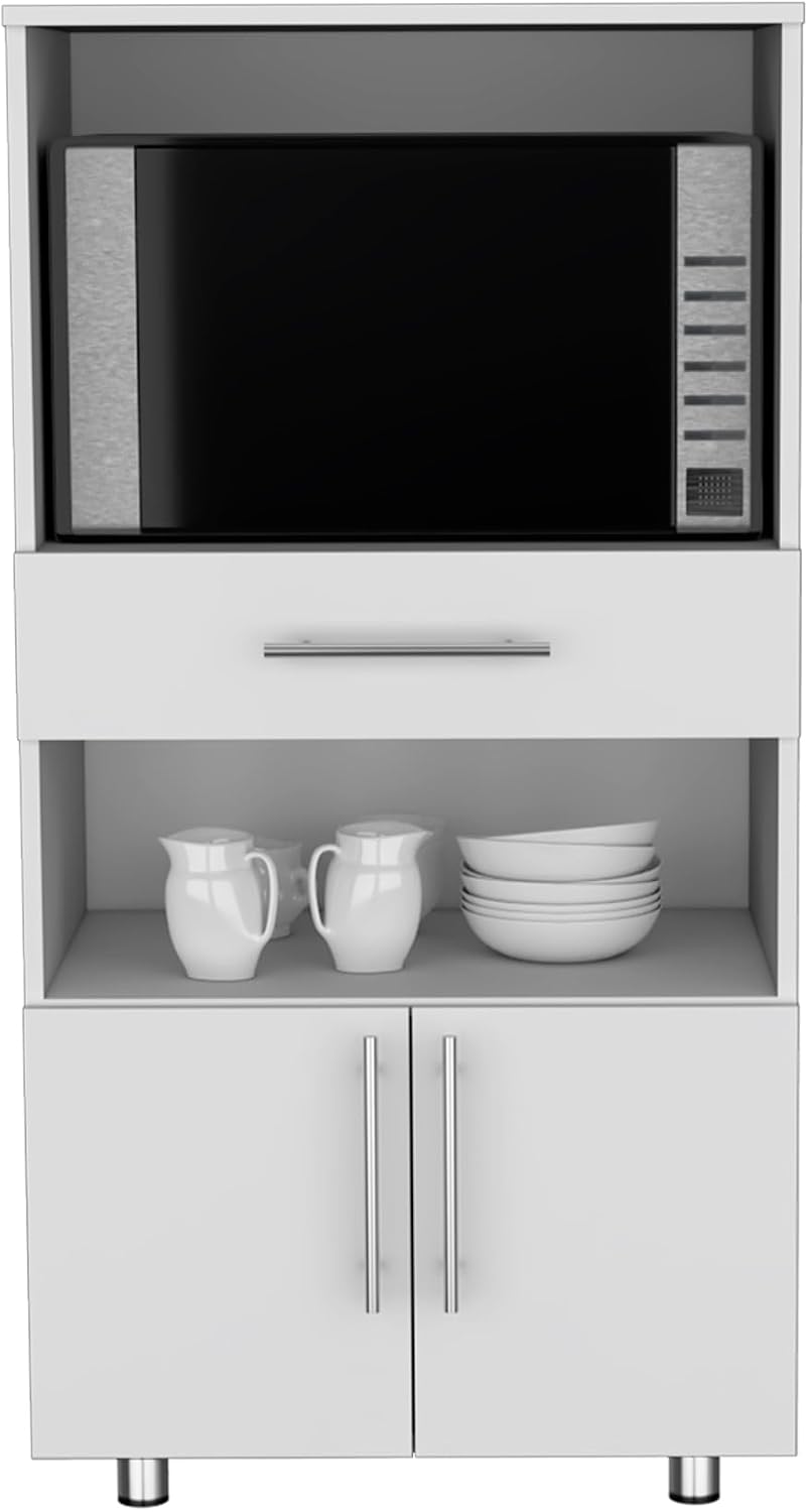 Kitchen Pantry 48" H, Two Open Storage Shelves, One for Microwave, Two Doors, Four Legs, White