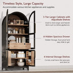 Arched Kitchen Pantry Cabinet, 71" Tall, Farmhouse Style, with Glass Door, Hidden Drawer, Open and Adjustable Shelves, for Kitchen, Dining Room