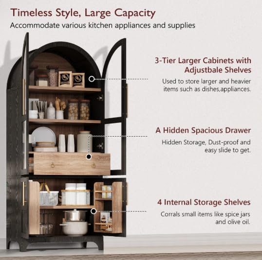 Arched Kitchen Pantry Cabinet, 71" Tall, Farmhouse Style, with Glass Door, Hidden Drawer, Open and Adjustable Shelves, for Kitchen, Dining Room