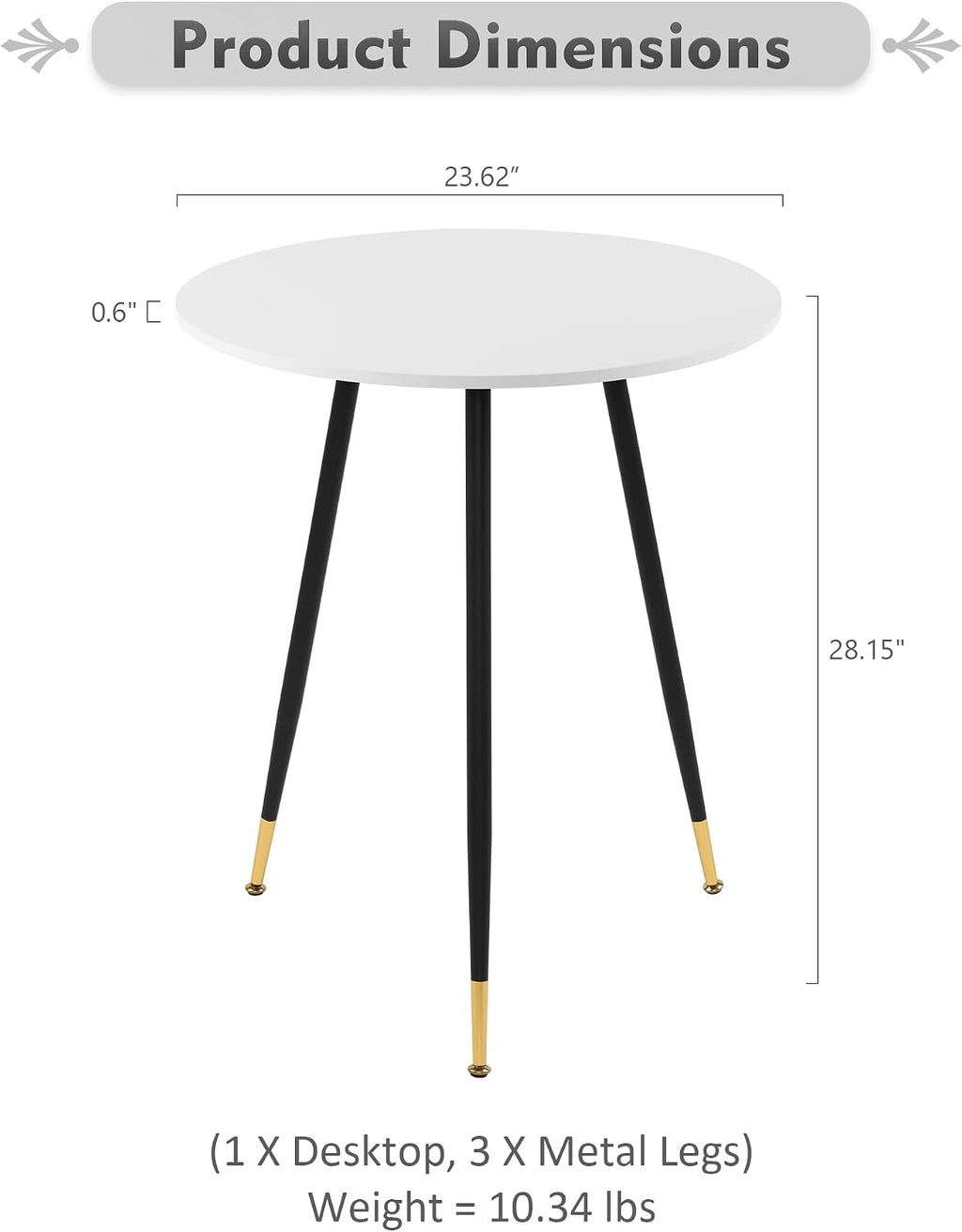 NOBPEINT Round Modern Wooden Side Table, 28 Inches End Table with 3 Metal Legs, Leisure Coffee Table (White)