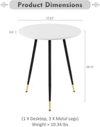 NOBPEINT Round Modern Wooden Side Table, 28 Inches End Table with 3 Metal Legs, Leisure Coffee Table (White)