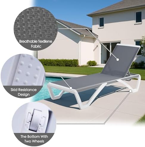 Kozyard Outdoor Chaise Lounge Chair, Full Flat Adjustable Patio Lounger with Aluminum Frame & Resin Legs, Textilene Fabric for Poolside, Backyard & Beach (Gray, Chair)
