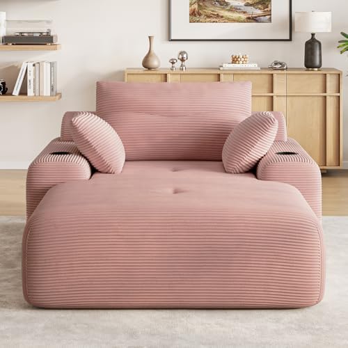 69” Oversized Chaise Lounge Chair Indoor, Soft Floor Chaise Lounge Reading Chairs with 4 Side Pockets and 2 Cup Holders, Comfy Corduroy Sleeper Sofa Bed for Living Room Bedroom, Pink
