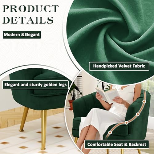 Andeworld Velvet Accent Chair, Barrel Armchair, Green | Velvet Upholstery, Golden Metal Legs, Comfy Barrel Back, Modern Style, Living Room Bedroom Office