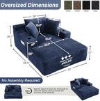 50" x 68" Corduroy Chaise Lounge, Cup Holders, Blue | Oversized corduroy chaise with a deep sleeper seat, built-in cup holders, and 3 pillows for reading, lounging, or naps.