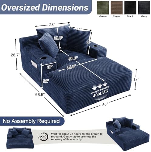 50" x 68" Corduroy Chaise Lounge, Cup Holders, Blue | Oversized corduroy chaise with a deep sleeper seat, built-in cup holders, and 3 pillows for reading, lounging, or naps.