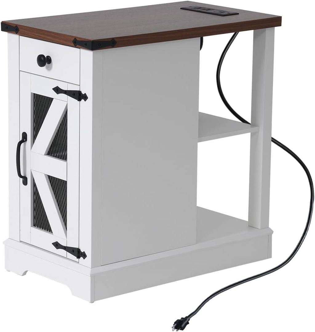 SUNSITT Side Table with Charging Station, Farmhouse End Tables with Back Storage Shelf, Outlets & USB Ports, Night Stand with Storage Cabinet Drawer Adjustable Shelf, White